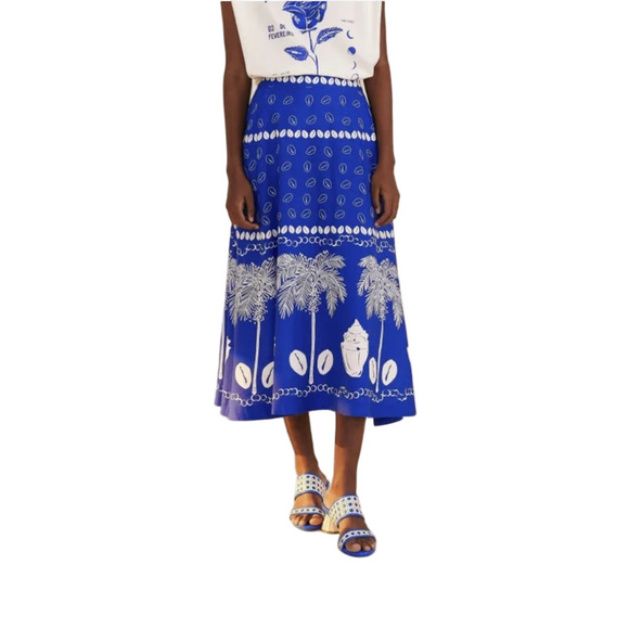 Farm Rio Ondina Midi Skirt Blue Tropical Patterned Linen Palm Trees Seashells - Picture 1 of 11